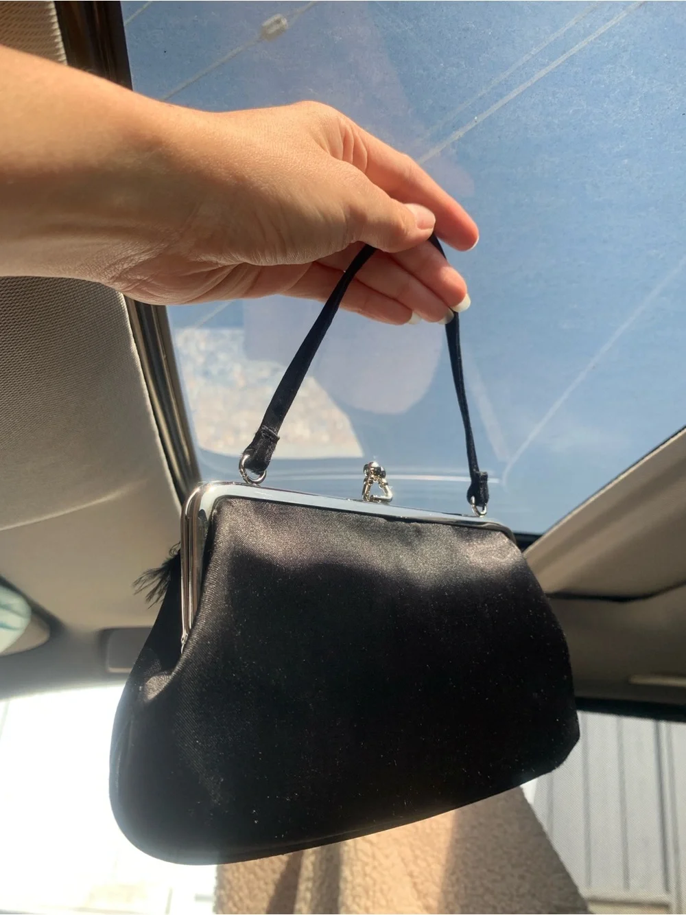 La Regale Kiss Lock Vintage Black Satin Feather Evening Bag